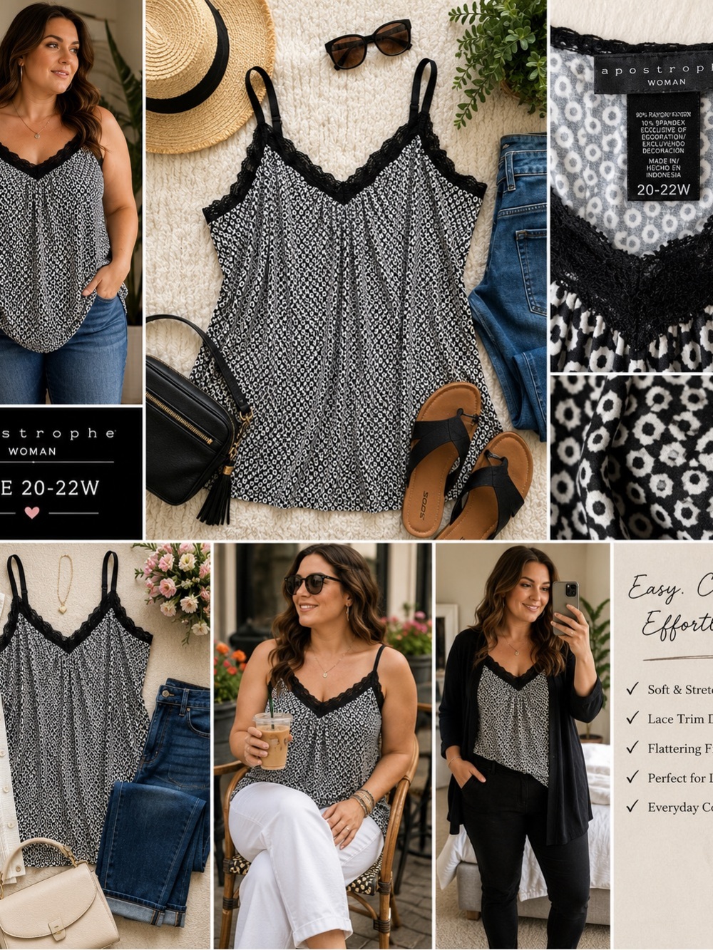 Apostrophe Woman Tank Top 20/22W Black White Printed Lace Trim Soft Stretch Cami